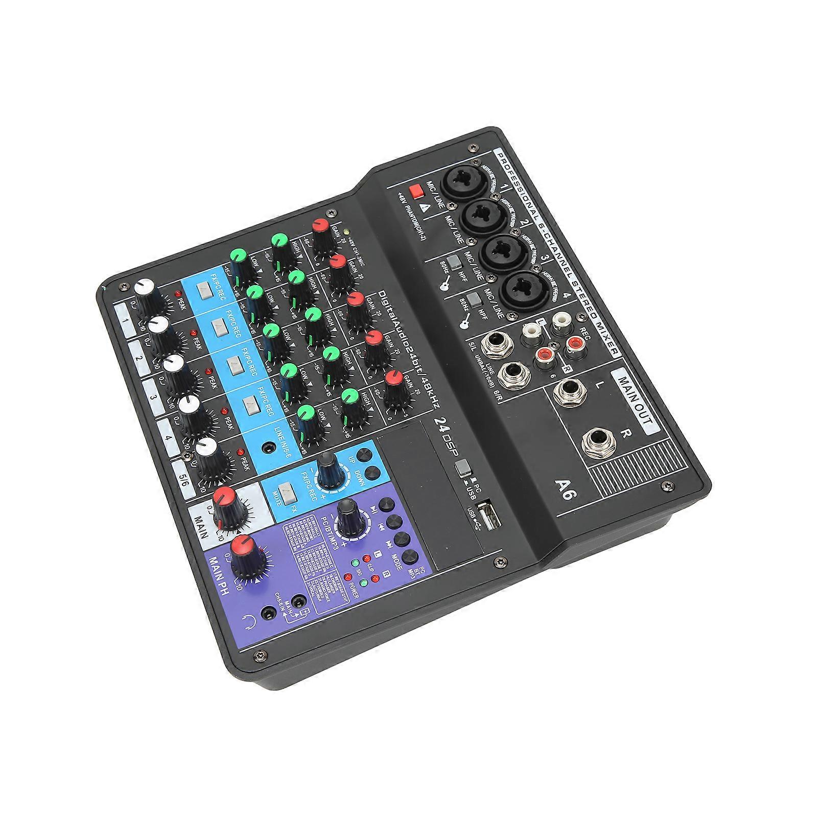 Sound Console USB Mini Mixing Desk Voice Recording BT Sound Card 6 Channel Mixer for Home Music Production Live Broadcast Singing 100‑240V EU Plug 