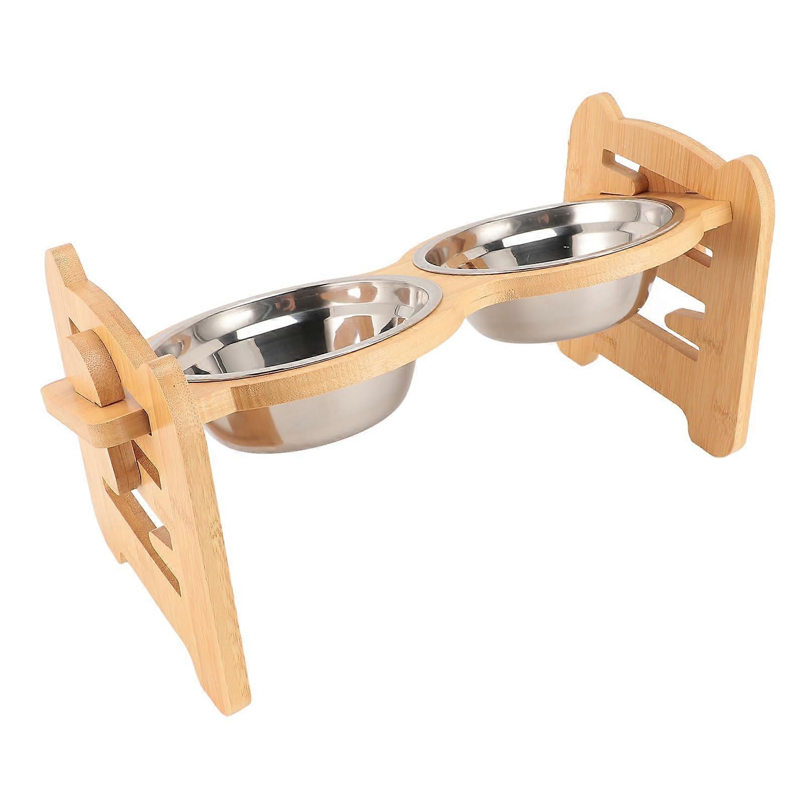 Raised dog bowls with size and 5degree tilt for comfortable eating.