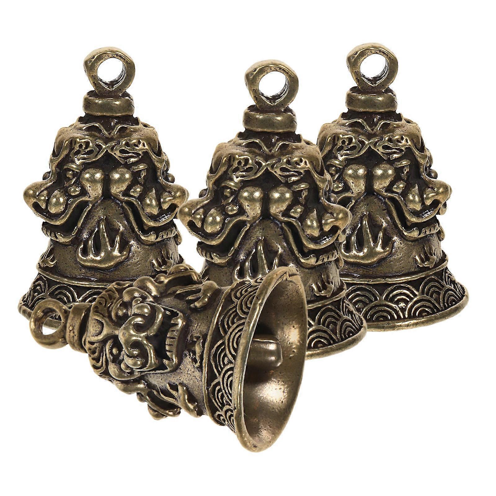 4pcs Retro Brass Hanging Bells Vintage Chinese Style Pendant Charms for DIY Keychains & Crafting Lion Head Design, Compact & Decorative