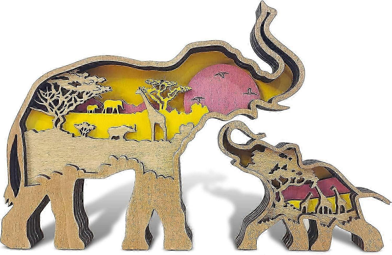 Elephant and Mountains Layered Wooden Carved Ornament with Lights, Forest Animal Multi-Layered 3D Decor 2025