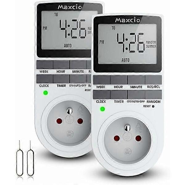 Digital programmable sockets (2-pack) with daily/weekly digital timer, LCD display, anti-theft mode, energy saving, 16A/3680W max