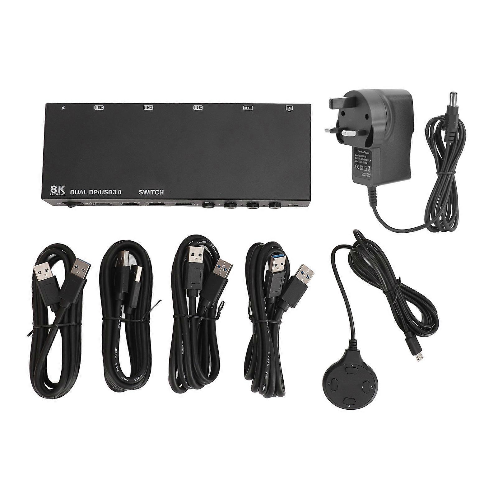 Dual DP KVM Switch 8K 30Hz 4K 144Hz USB 3.0 4 in 2 Out EDID Emulator UK Plug