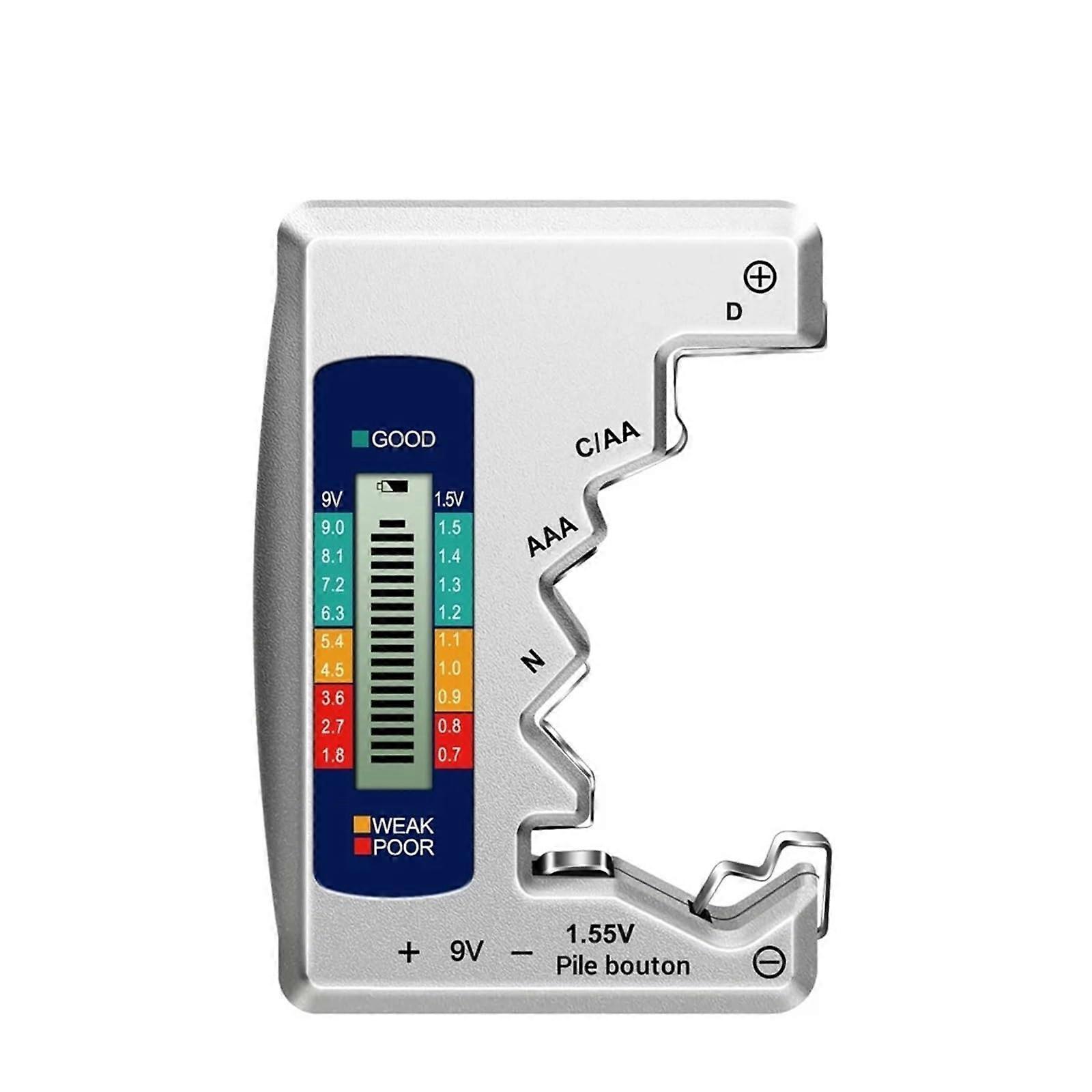 BT1688 Digital Battery Tester For C, AA, AAA, D, N, 9V 1.55V Button Cells With LCD Display, Capacitance Check, Silver
