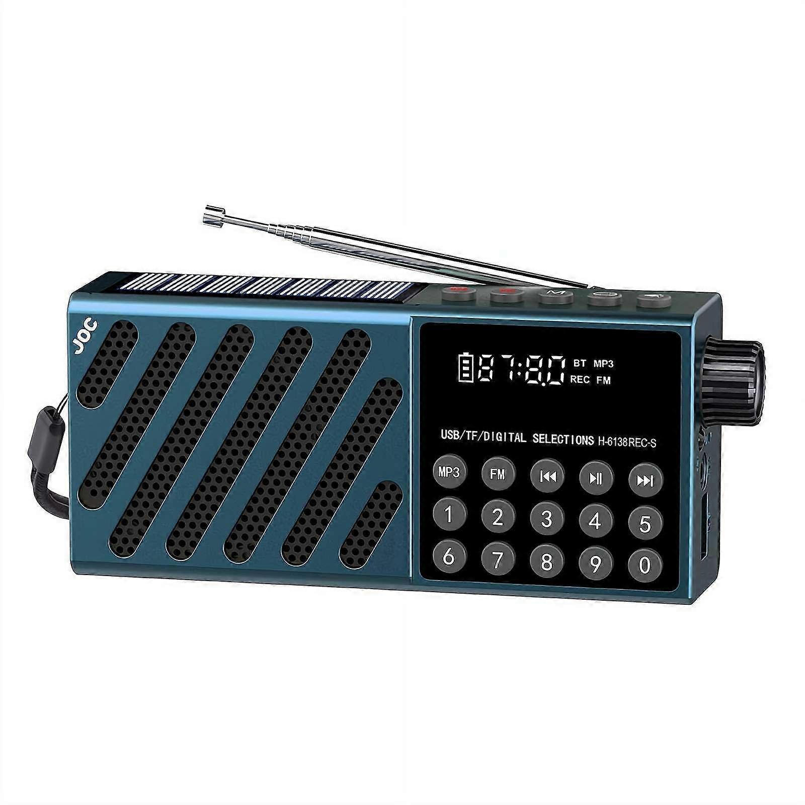 Portable FM Radio Solar Charging Pocket Radio Bluetooth 5.4 Wireless Speaker USB TF Card Player Magnetic Speaker Blue