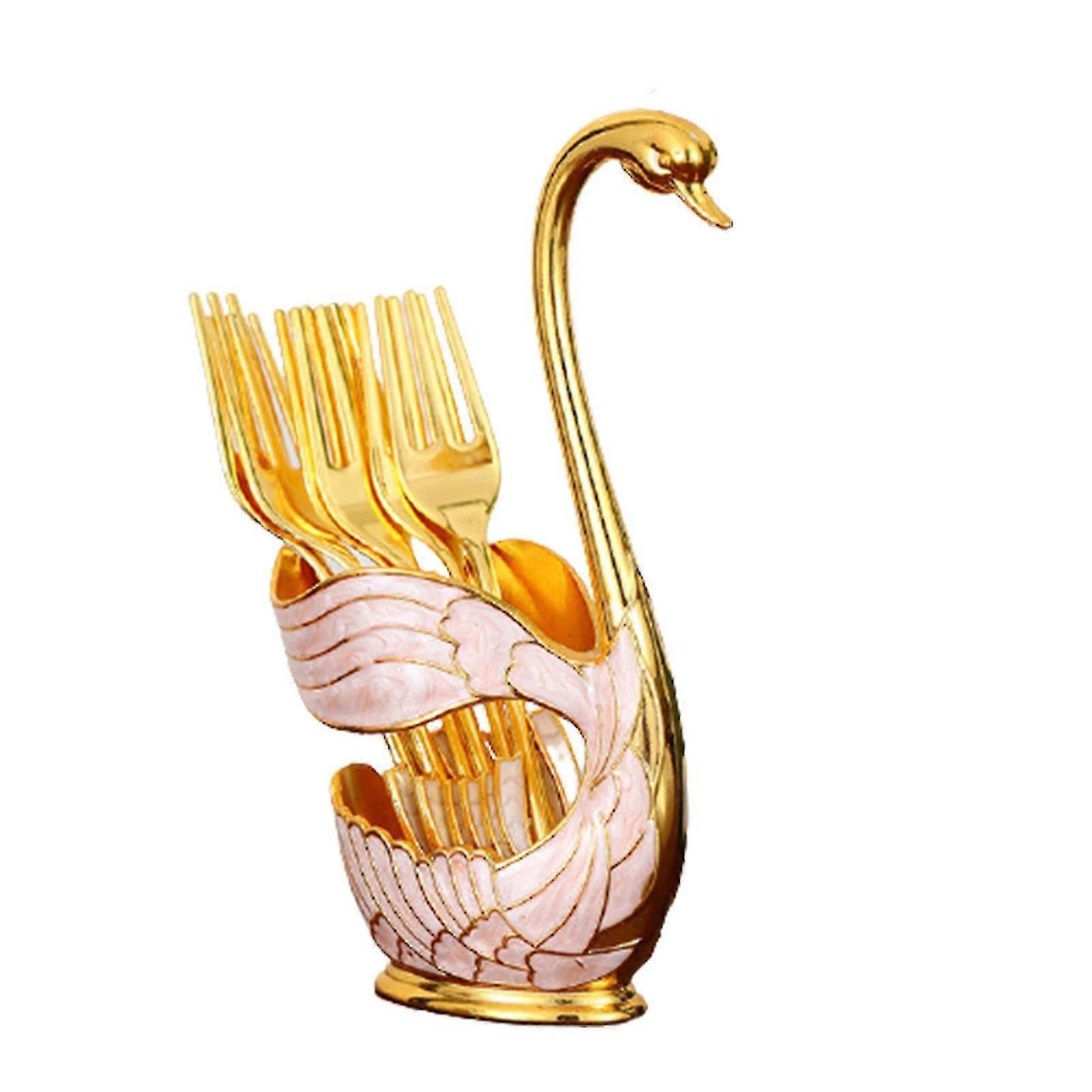 Metal Coffee Dessert Dinnerware Set With 6 Forks/ Spoon Swan Shape Storage Rack For Fruit Stirring