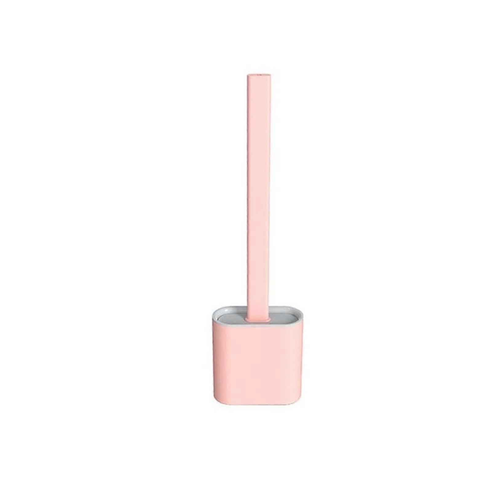 Silicone Toilet Brush with Quick Drying Holder, Leak Proof Flat Head Soft Bristles Set (Pink)