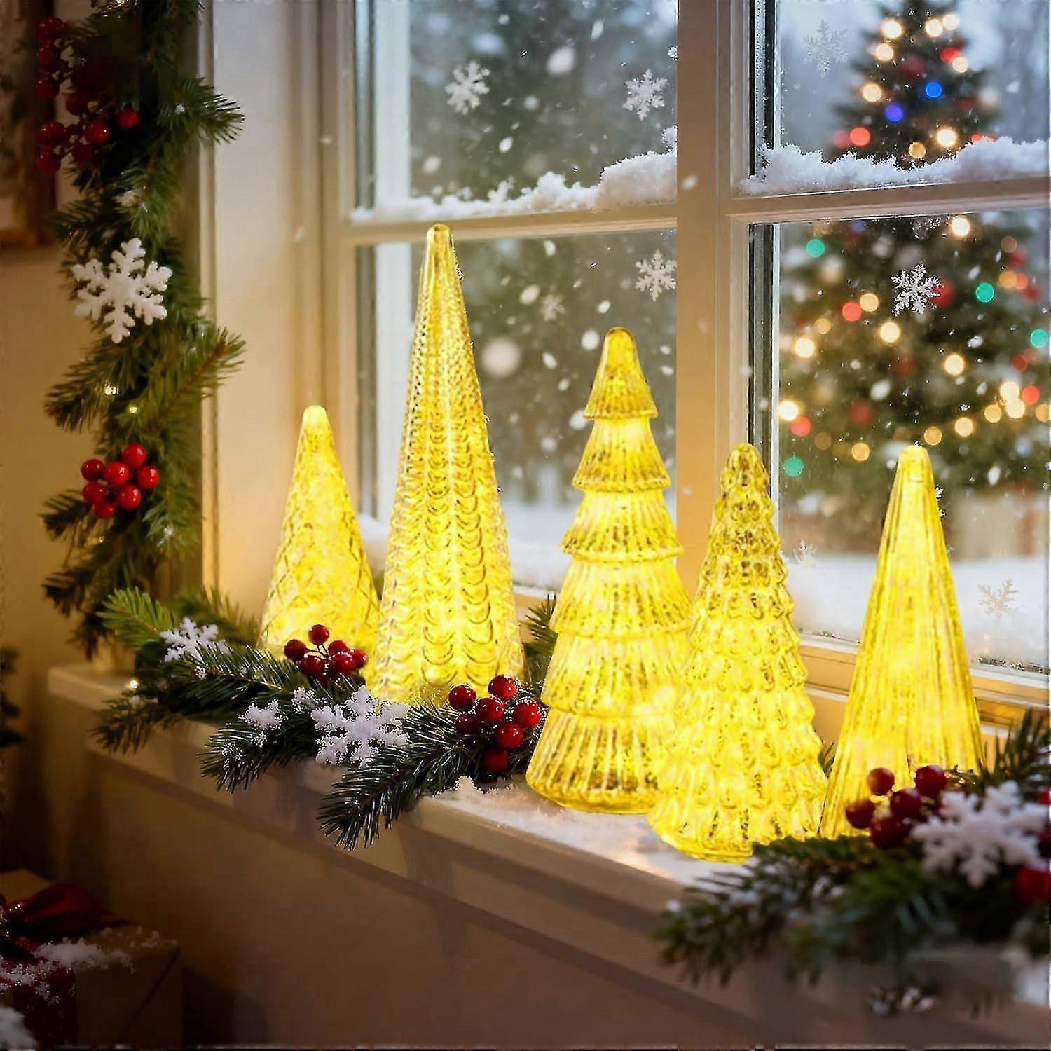 Set of 5 Illuminated Mercury Glass Christmas Trees with LED Lights - 2026 New Upgrade Mercury Christmas Tree Decorations for Tabletop, Mantel, Centerp
