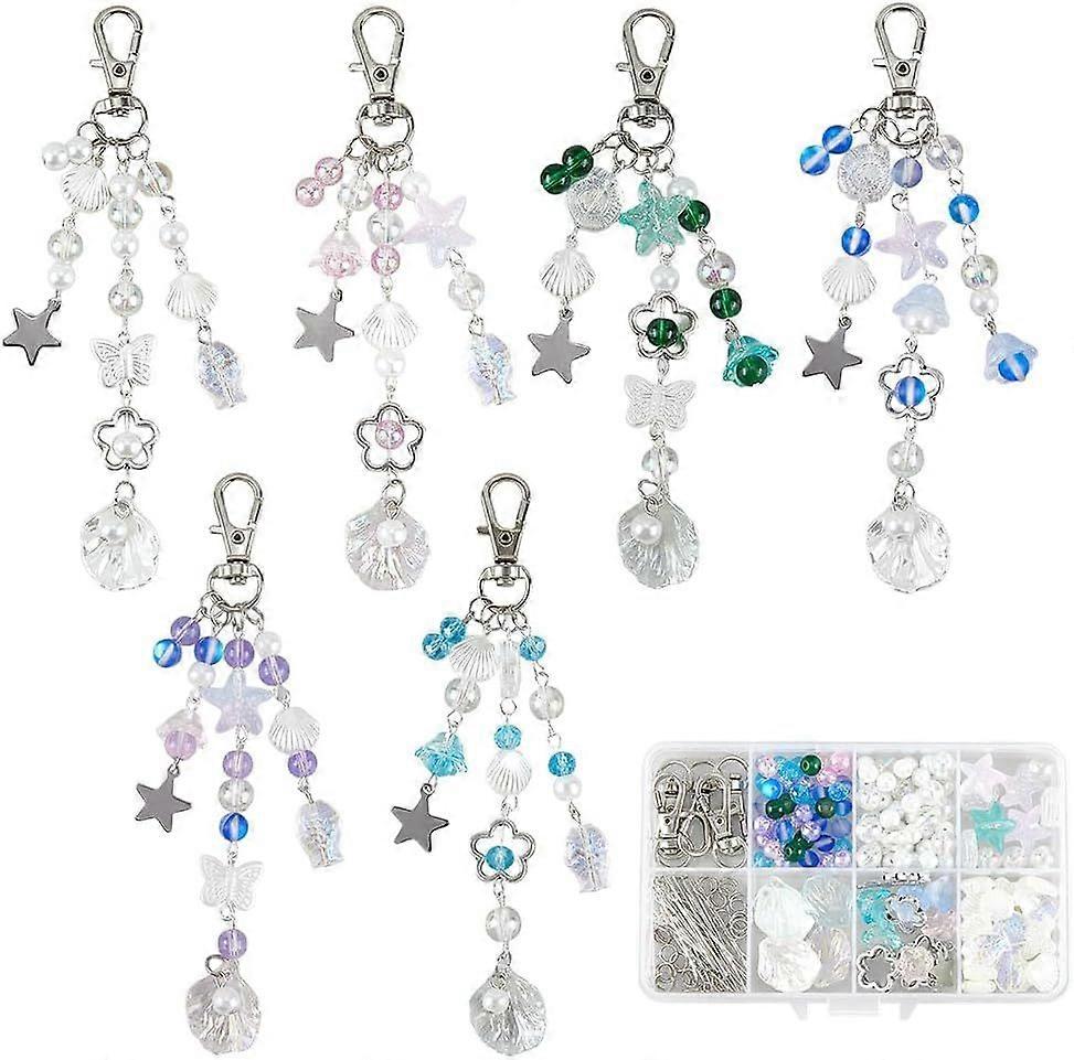 1 Box 274Pcs Keychain Making Kit Ocean Key Chain Starfish Beads Sea Shell Starfish Summer Bead Acrylic Glass Moonstone Spacers for Keychains Making Wo