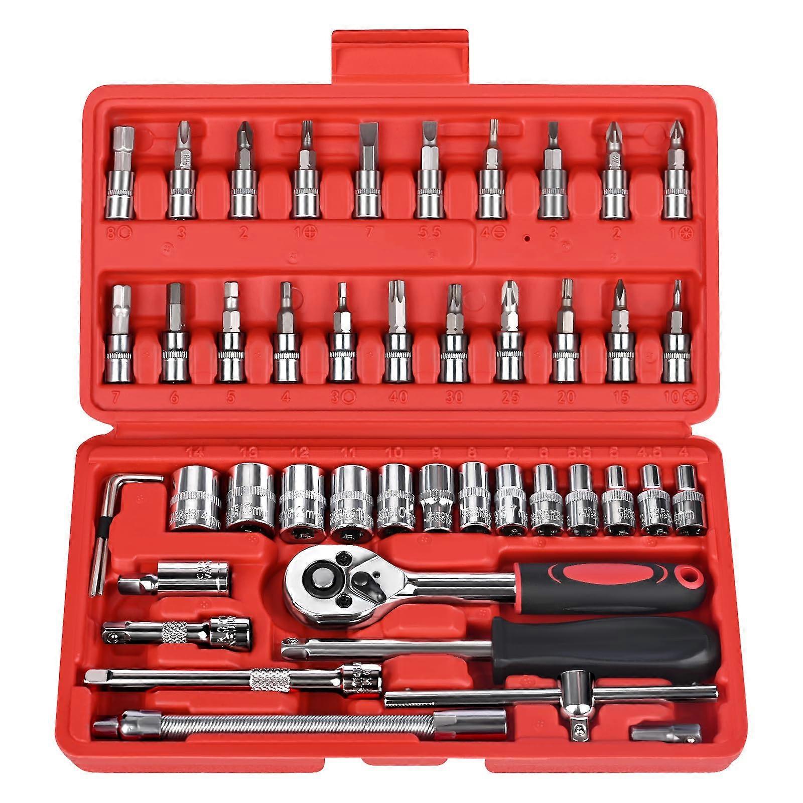 46 Piece Socket Wrench Set, 1/4 Inch Drive Ratchet Kit with QuickRelease, Extension Bars, CRV Steel