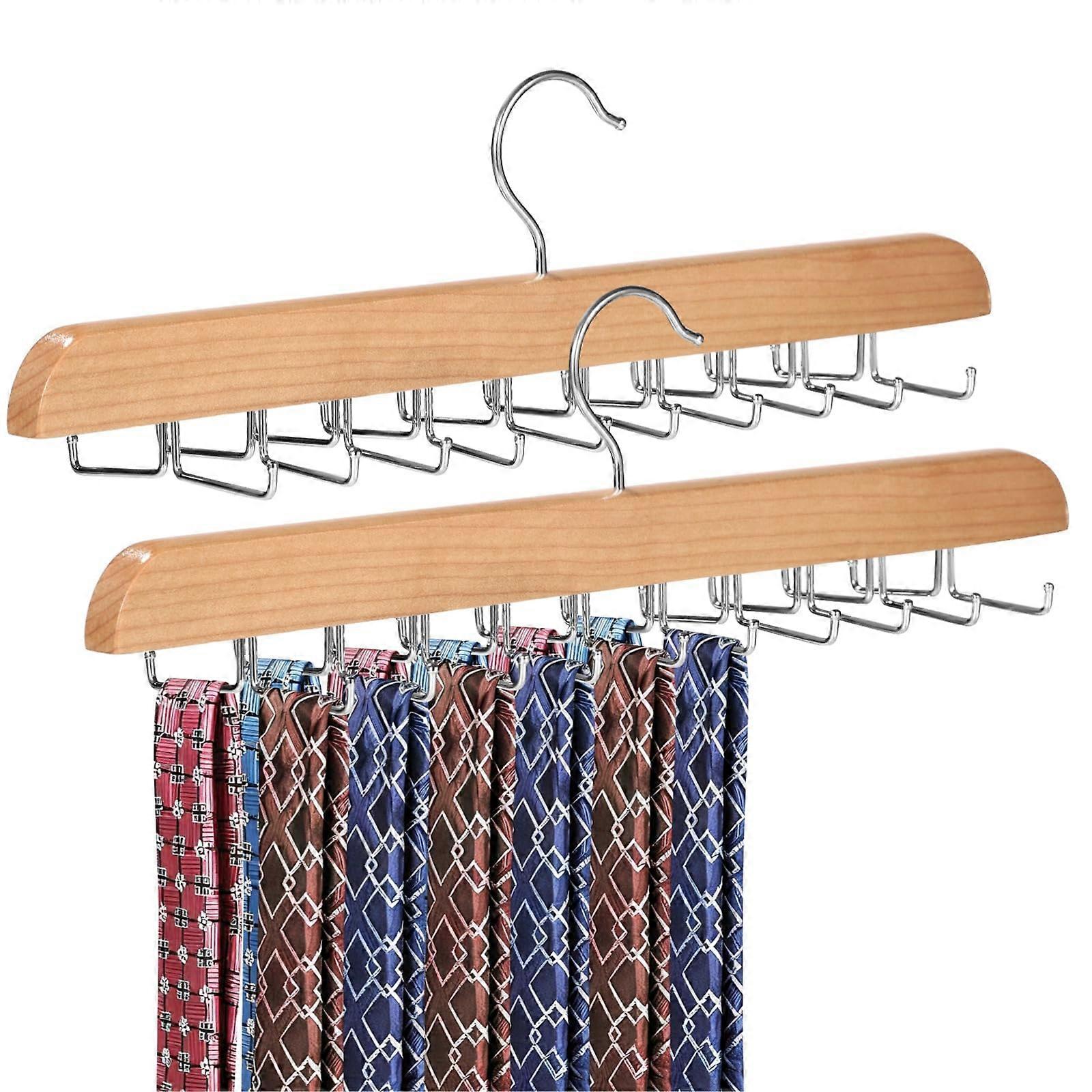 Wooden Tie Rack Closet Organizer, Solid Wood 40Tie Capacity with 180° Rotating Hooks for Belts and Scarves