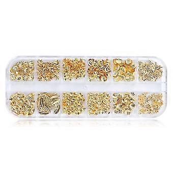 12 vakjes/doosje nageldecoratievulling, gemengde glitter, gouden oceaan, metalen bedeltjes 25-26