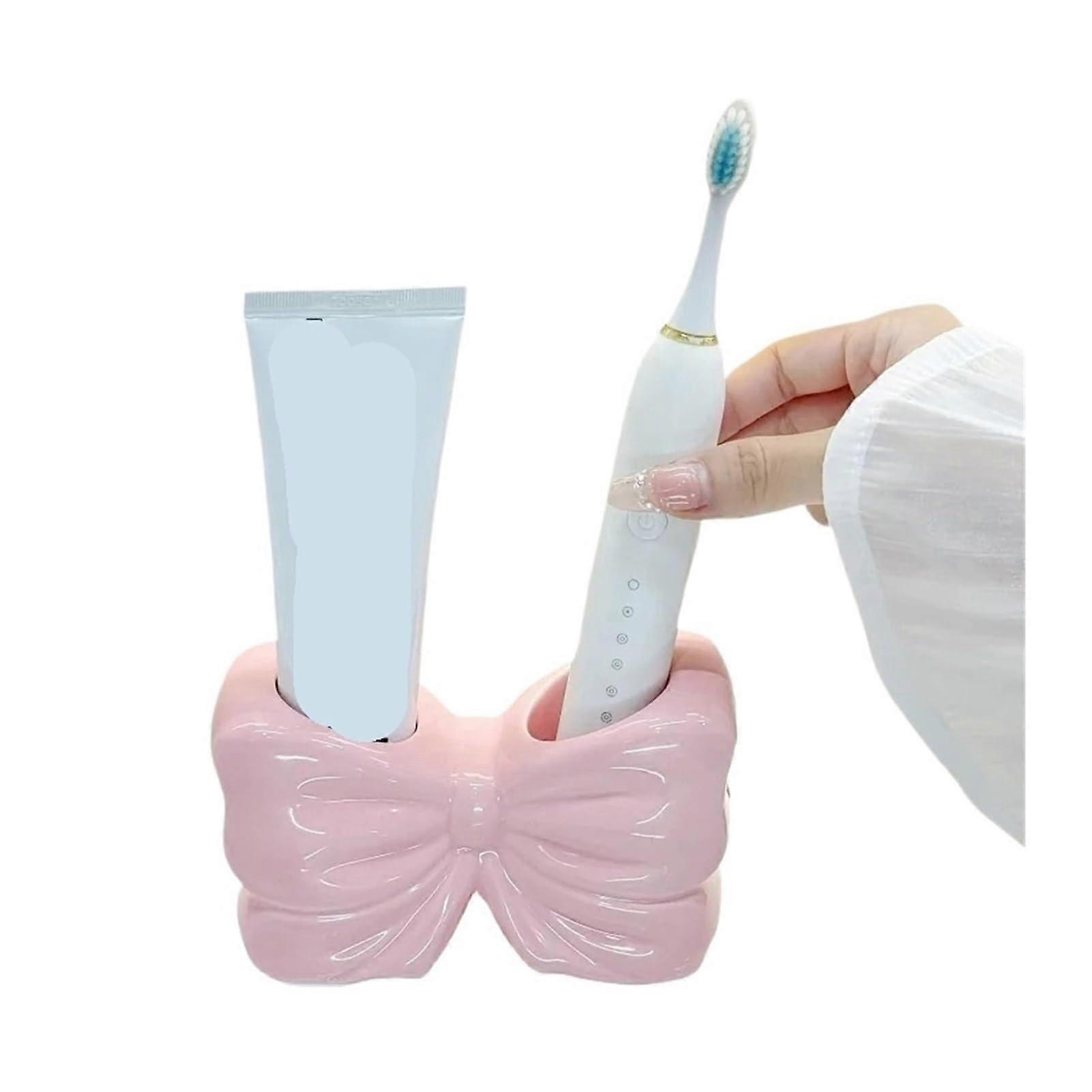Ceramic Toothbrush Holder with Weighted Base, Cute Pink Bathroom Stand for Toothpaste and Brushes