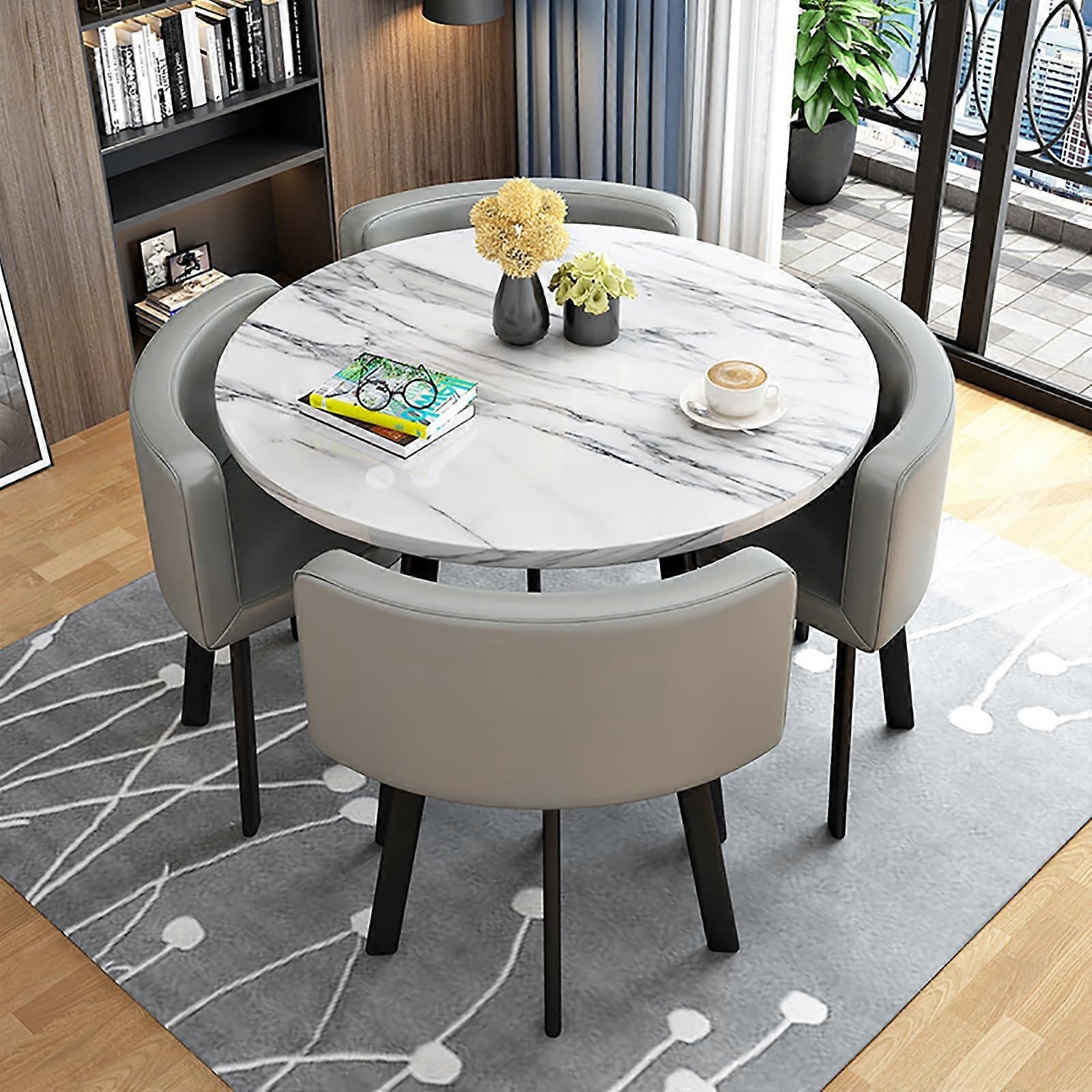 Modern Office Reception Desk and Round Dining Table Set for 4, Gray White Black, SpaceSaving Design