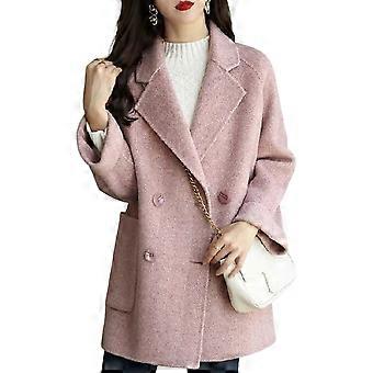 Women Winter Woolen Coat Formal Business Style Turn-down Collar Double-breasted Mid Length Overcoat