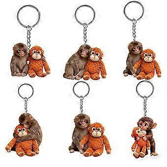 Punch Monkey Keychain 6pcs Set, 2d Flat Design, Team Punch Hugging Keychain, Adorable Punching Monkey Acrylic Keychains for Backpacks and Purses