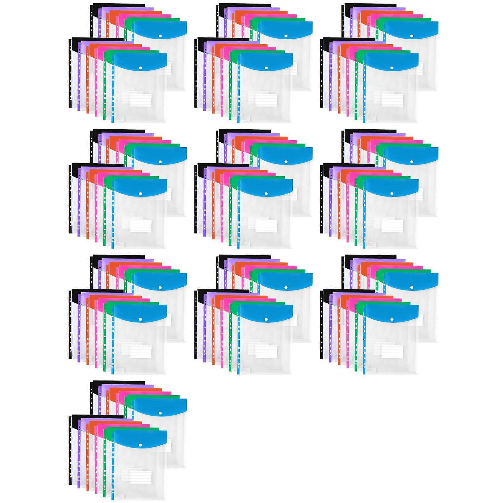 120x Plastic Envelopes, Binder Pockets for 3/4/11 Ring Binder,Expandable Document Organizer with Snap Button and Label