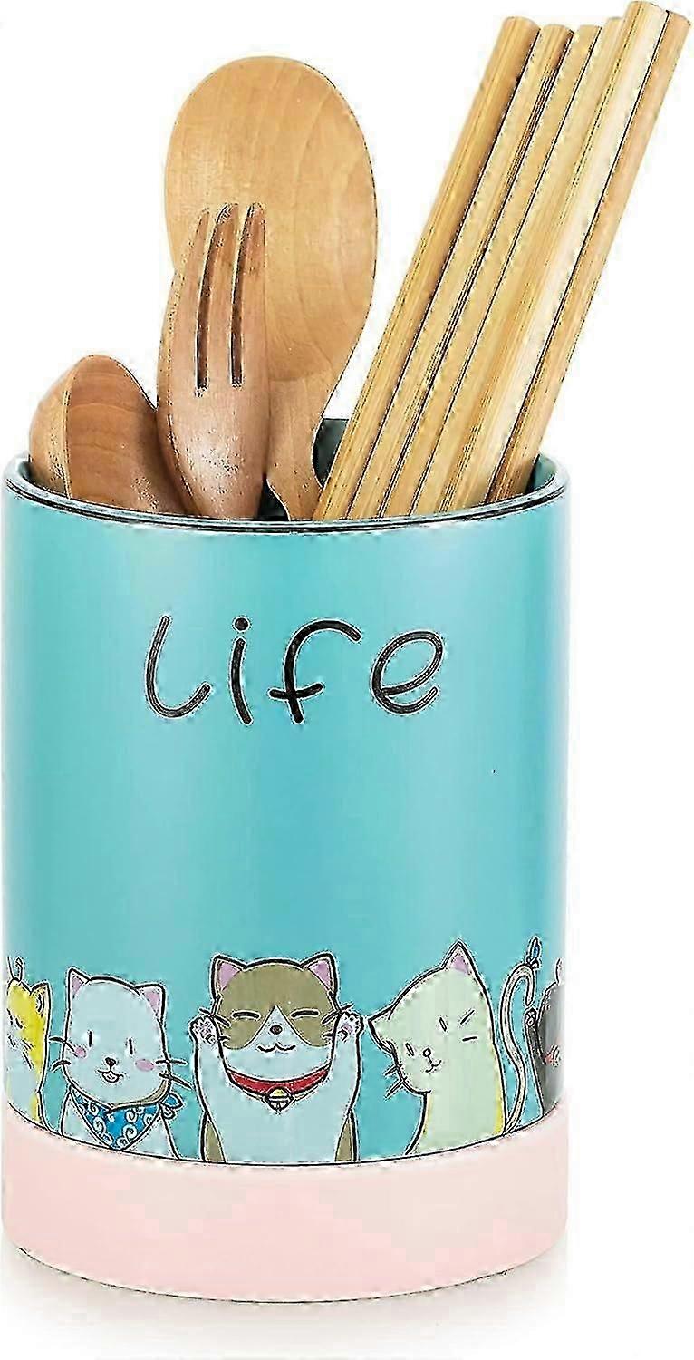 Kitchen Utensil Holder, Ceramic Cutlery Holder With Cute Cat Pattern, Practical Kitchen