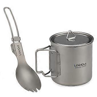Lixada Köksset 300ml/350ml/420ml/550ml/650ml/750ml Ultralätt Titanmugg med Hopfällbar Middagsredskap Kompatibelt med Campingredskap