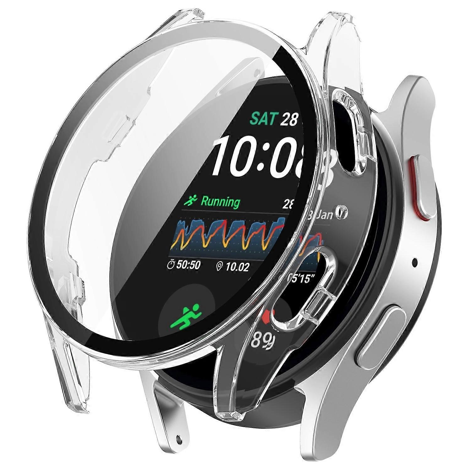 For Samsung Galaxy Watch 7 44mm Plastic PC Smart Watch Case + Tempered Glass Protector Transparent