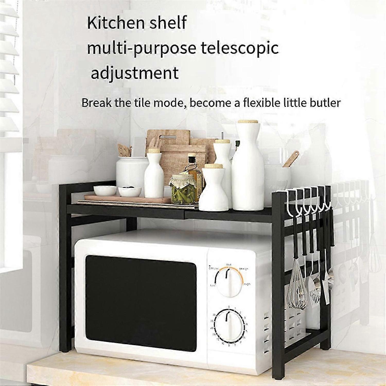 Extendable Microwave Oven Rack 2-Tier Microwave Stand with 6 Hooks