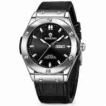 BINBOND Men's Quartz Watch Dual Calendar Black Leather Strap Silver Case Black Dial JY