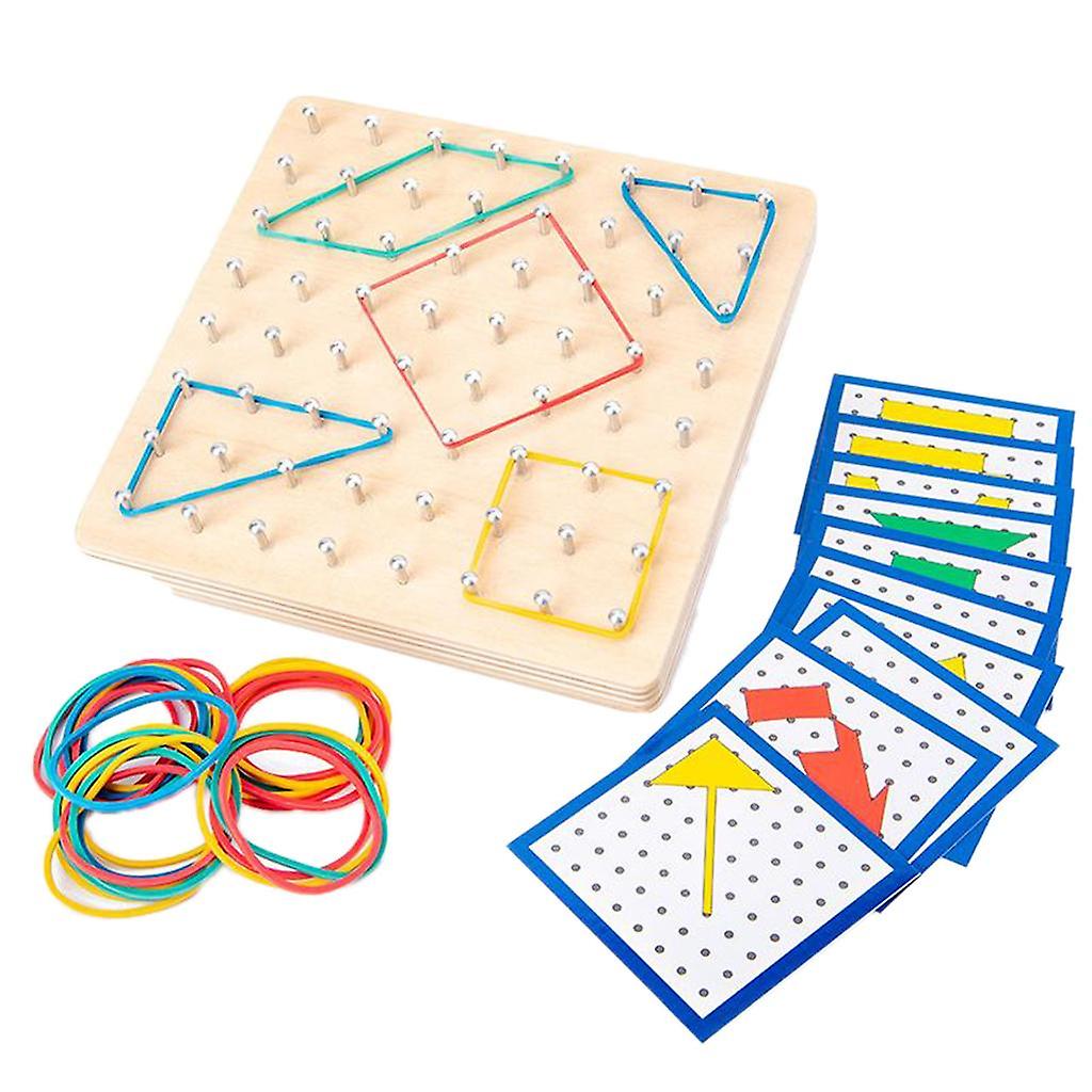Geoboard aus Holz mit Karten und Gummibändern