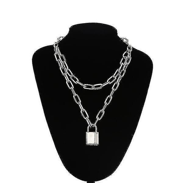 Double Layer Lock Ketju kaulakoru Hopea Väri Riippulukko Riipus Naiset Korut, Hopea