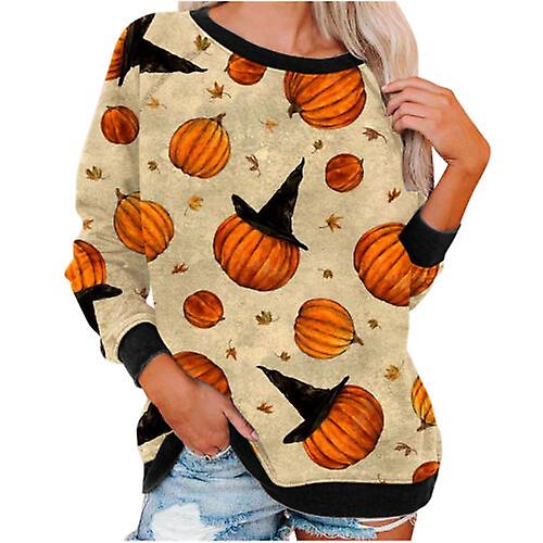 Womens Halloween Pumpkin Print Pullover T Shirt Loose Casual Long Sleeve Tops