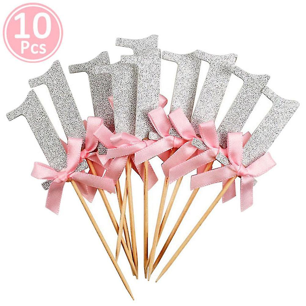 Trumsen 10pcs Number 1 Glitter Cake Toppers First Birthday Party Dessert Cupcake Decor Silver Pink