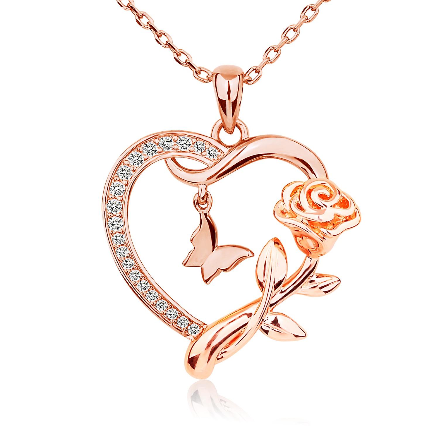 Heart Necklace for Women 14k Rose Gold Plated CZ Romantic Rose and Butterfly Jewelry for women
