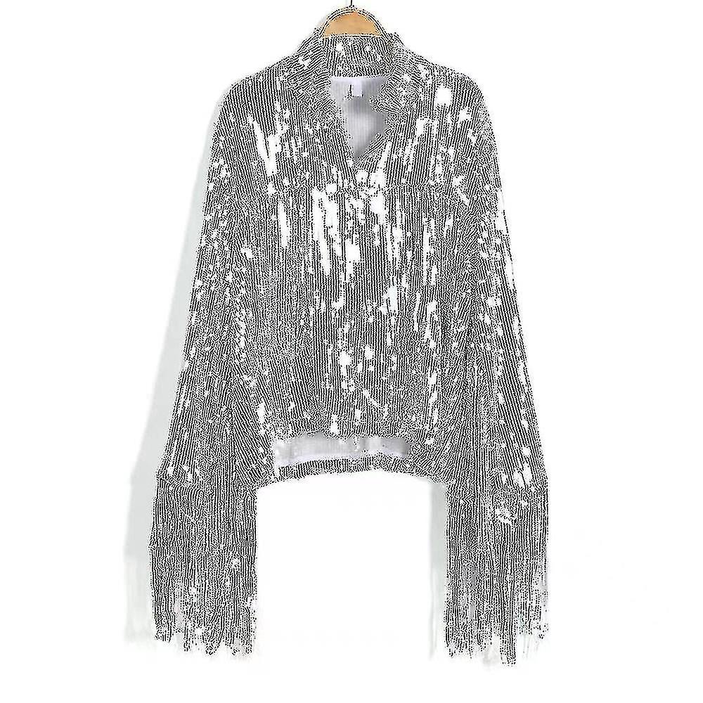 Women's Sequin Jacket With Tassel, Metallic Shiny Cardigan