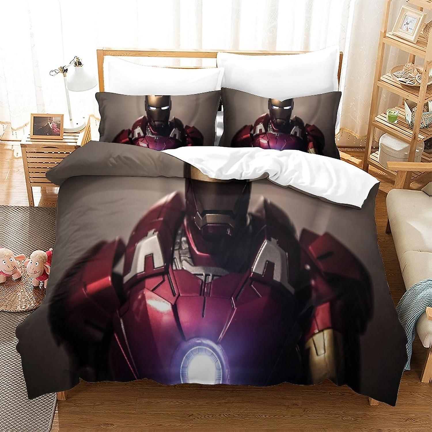 3D Iron Man Effect Quilt Bedding Set,Superhero Printed Duvet Cover Set Soft Microfiber with Pillwocase 3 Pcs for Childrens And Adults Double