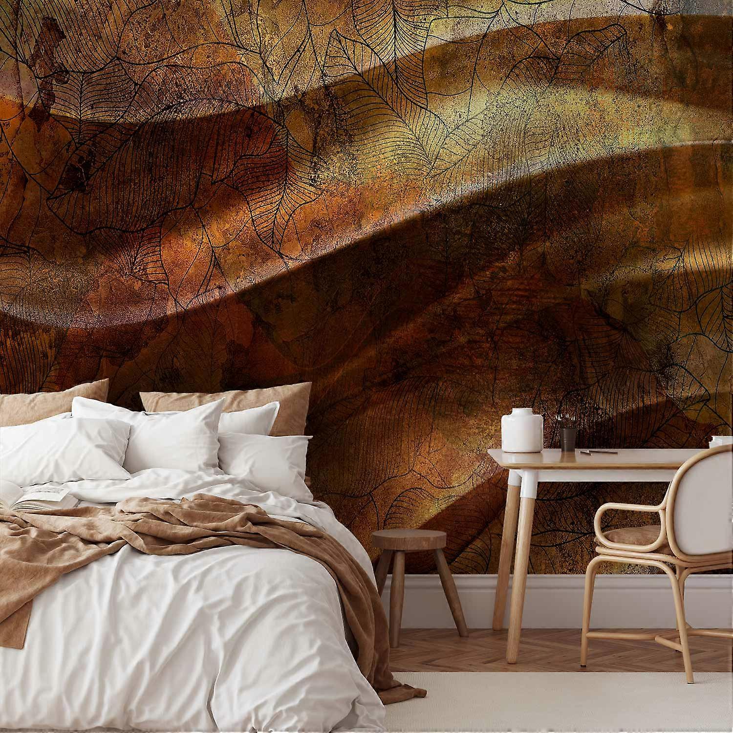 Self-adhesive Wall Mural - Liquid gold - abstract wavy composition with leaf patterns