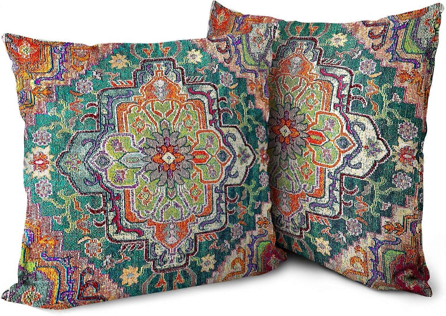 Boho Green Orange Throw Pillow Covers 20x20 inch Set of 2, Bohemian Carpet Double Sided Pattern Soft Plush Cushion Cover for Couch Sofa Bed Decorative