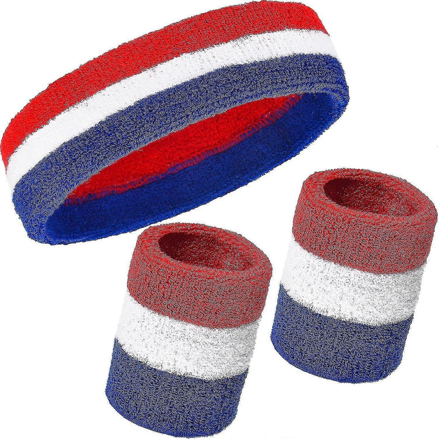 Sweatbands Set, Includes Sports Headband And Wrist Sweatbands Striped Sweat Band For Athletic Men(3pieces, Blue Red)