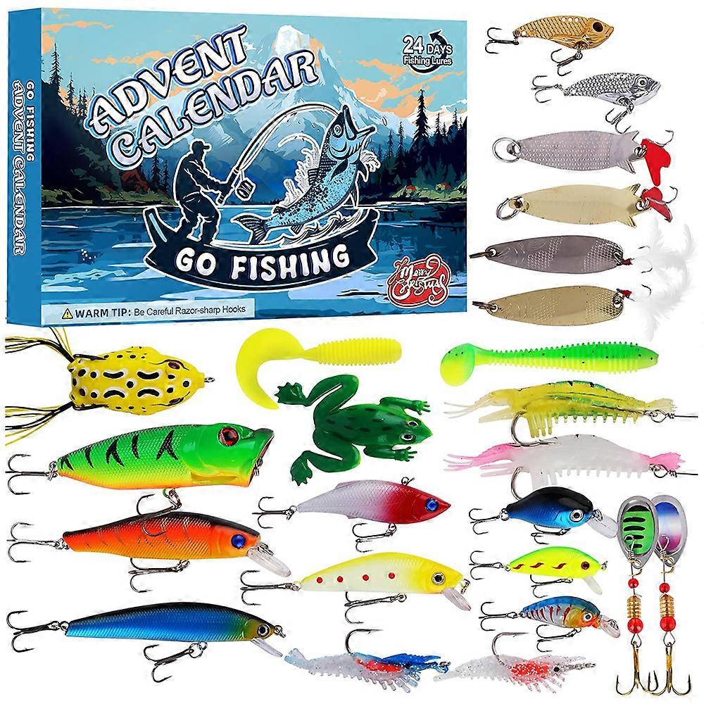 2024 Weihnachten Adventskalender Countdown Angelköder für Männer Erwachsene, 24 Tage Weihnachten Fisch Tackle Set, Fischköder Geschenk für Vater Opa Freund