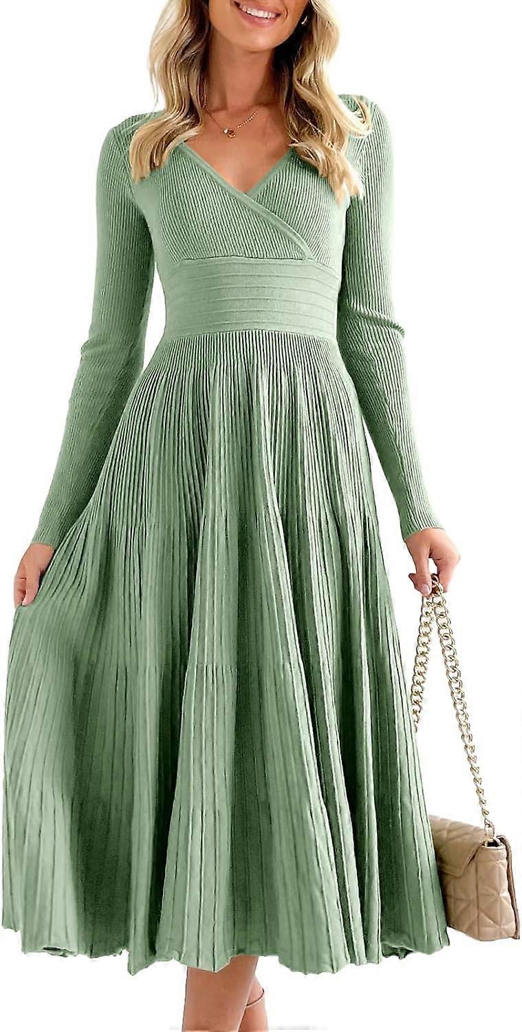 Womens Long Sleeve Knit Midi Dress 2023 Fall Wrap V Neck Pleated A Line Fit Flare Elegant Sweater Dresses