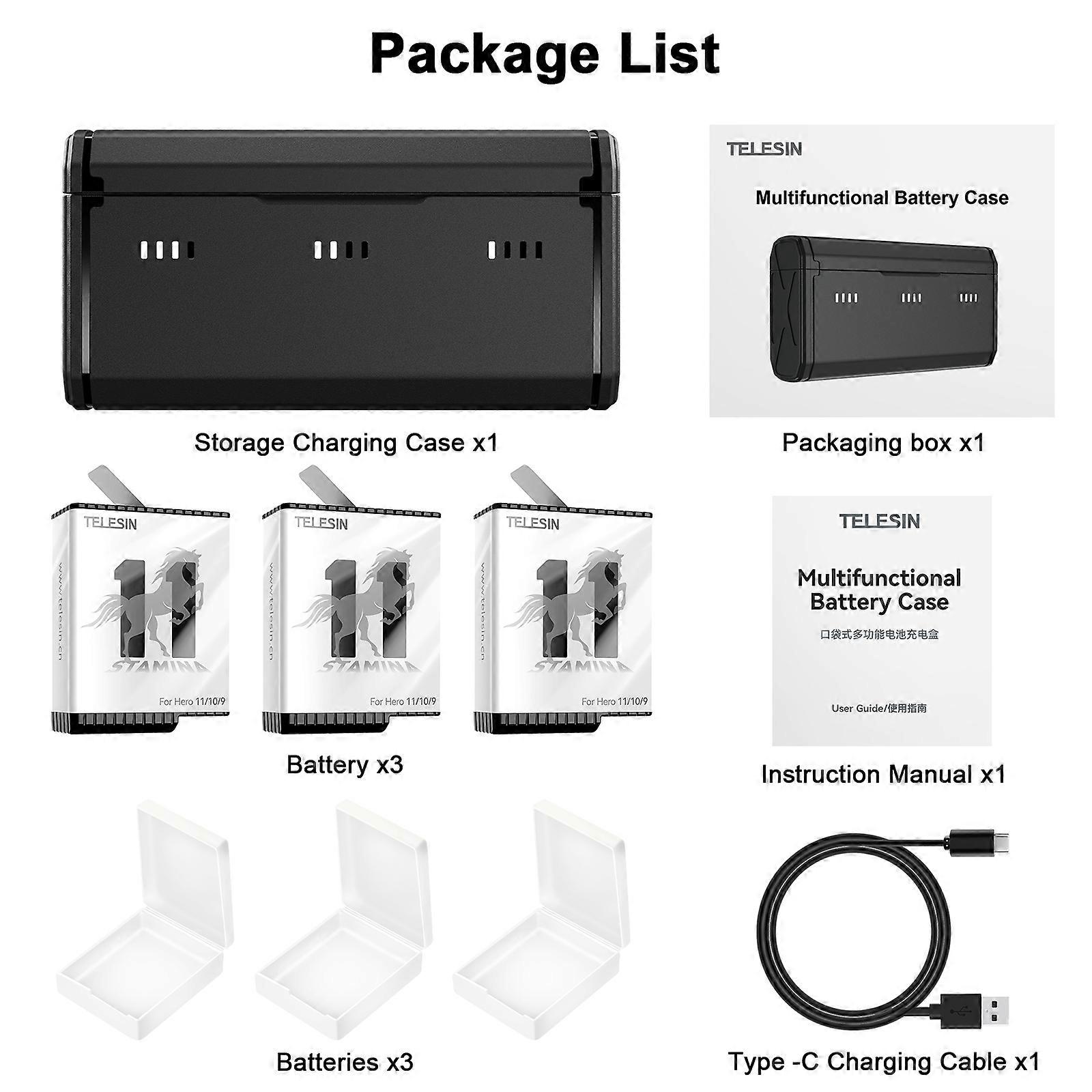 Redkid Endurence Battery For GoPro Hero 11 10 9 1750 mAh Battery 3 Slots TF Card Battery Storage Cha