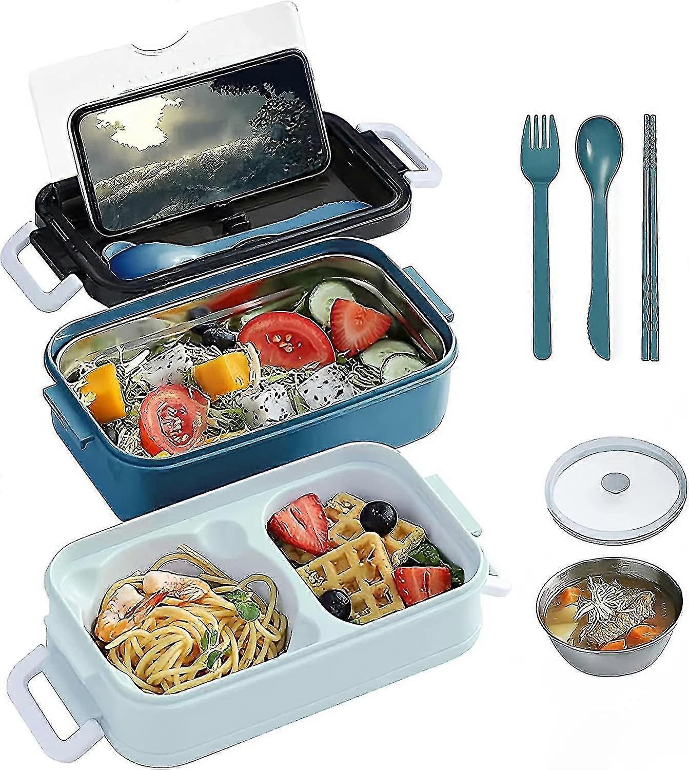 Bento Box Adult Lunch Box - Lunch Box For Kids With Soup Lunch Containers Stackable 3 Compartments Meal Prep Lunch Box (blue)