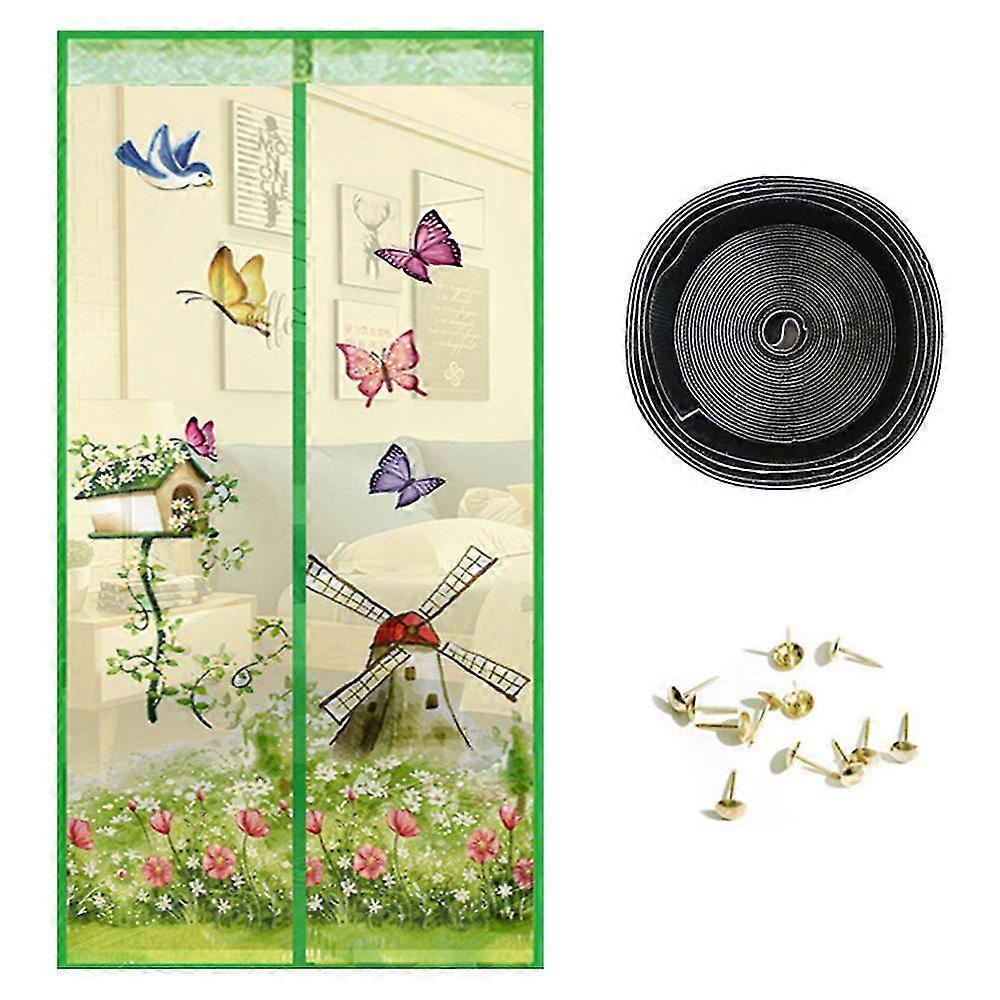 Magnetic Screen Door,Keep Bugs Out,Windmill Print, Breeze in - Self-Seal Magnets, Retractable Mesh Net Closure -100x210CM