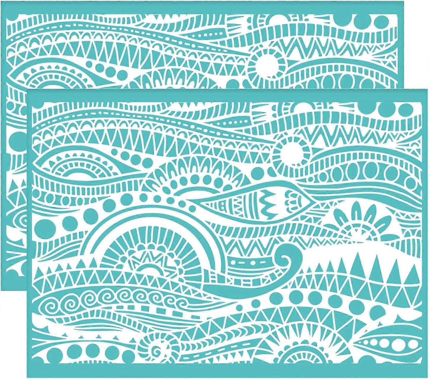 2pcs Self-Adhesive Silk Screen Stencils Ocean Themed Silk Screen Printing Stencil Ethnic Waves Reusable Mesh Stencils Transfer for Painting on Wood T-