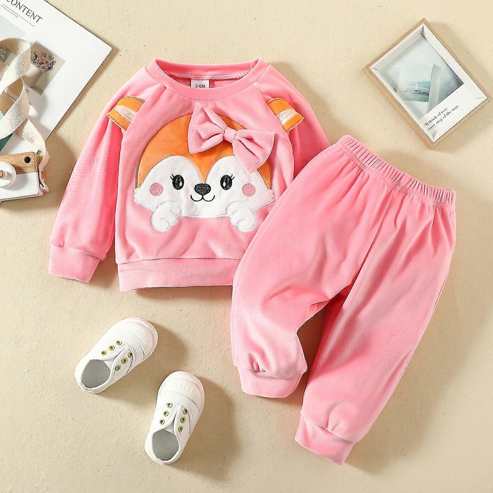 Fleece Kläder Flickor Söt Rosett Fox Fluff Långärmad Byxor 0-3 År Höst / Vinter Bekväm babydräkt
