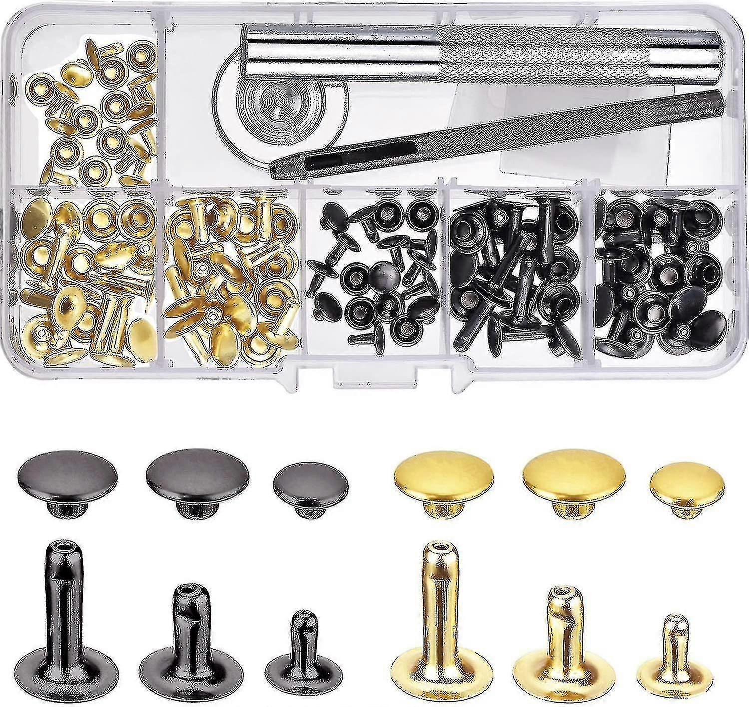 Rivets Single Cap Rivet Tubular Metal Studs With Fixing Tool Kit For Leather Craft Repairs Decoration, 3 Sizes, 60 Set Multicolor A -