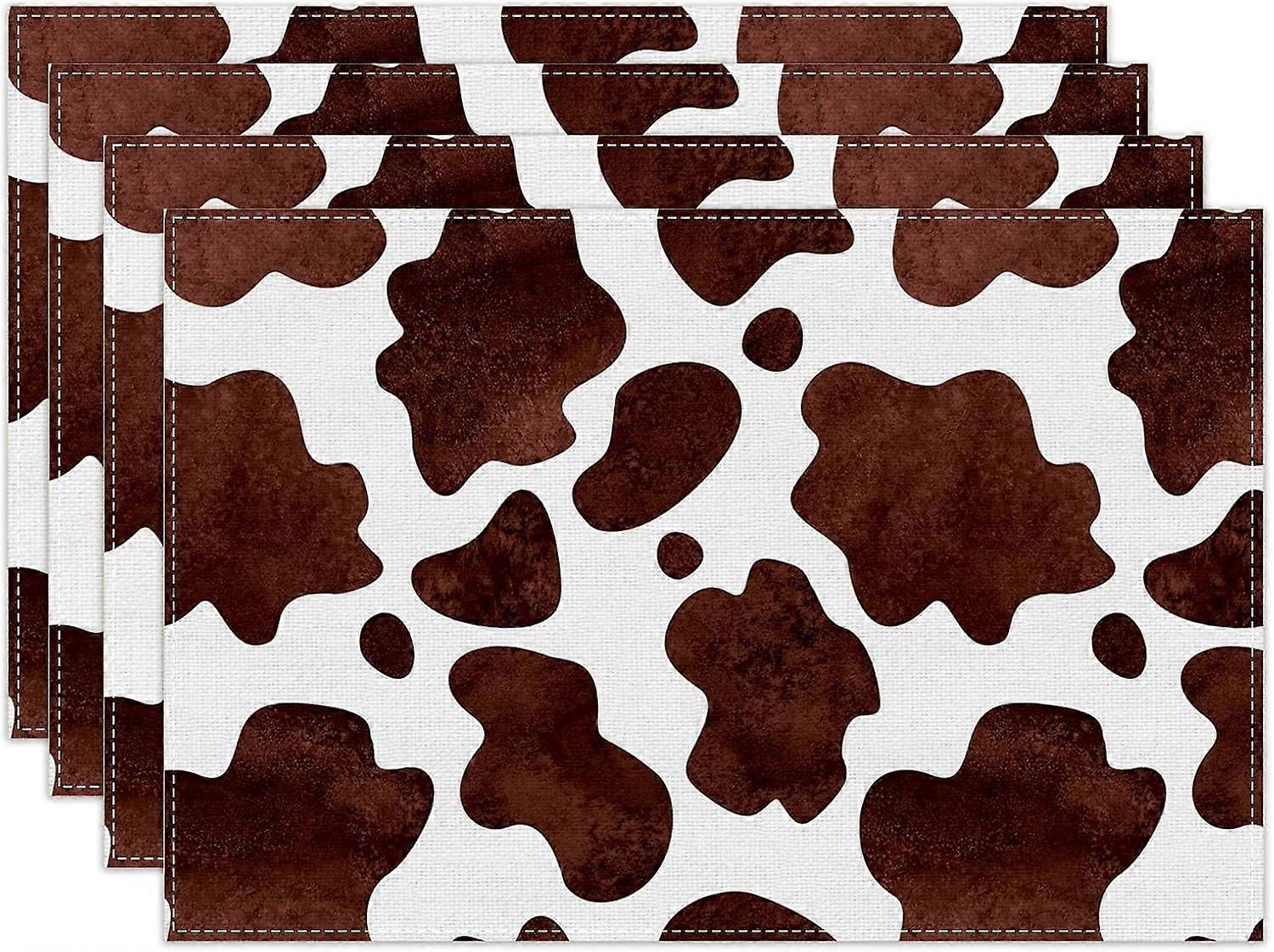Linen Cow Print Placemats, Set of 4, Farmhouse Style Table Mats for Dining