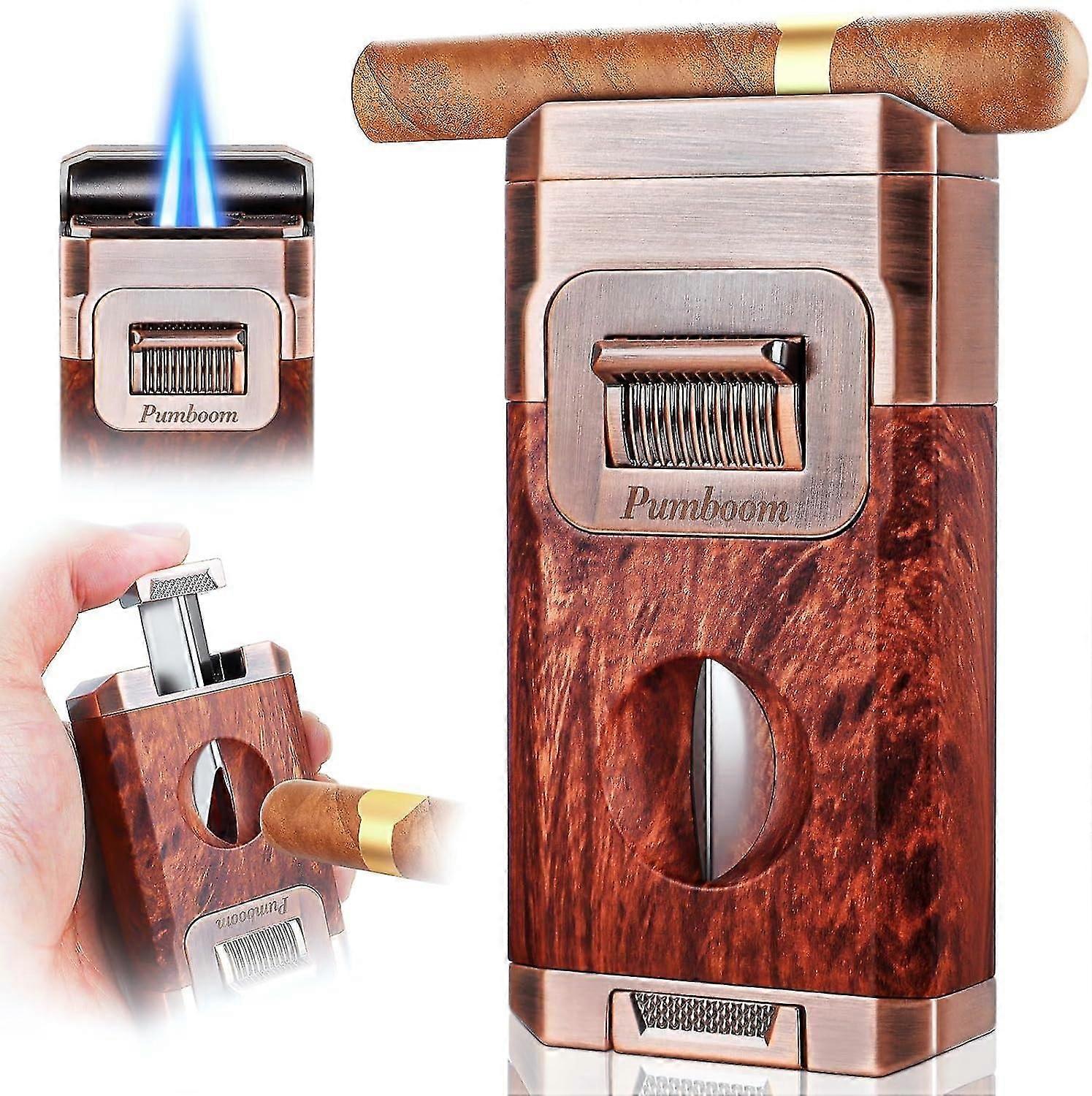 All-in-One Torch Cigar Lighter with Built-in Cigar Cutter V Cut, Cigar Holder, Dual Windproof Jet Flame, Butane Lighter with Gift Box, Cool Lighters f