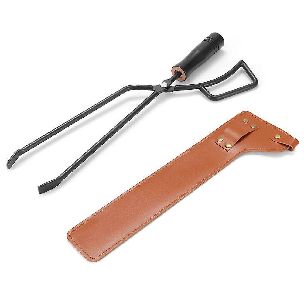 BBQ Charcoal Fire Tongs with Wooden Handle Anti-Scalding Fire Tongs with Leather Cover Picnic Set Camping Bonfire Stove Fire Tongs