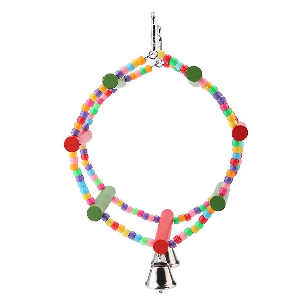 Wooden Sky Wheel Pattern Parrot Bird Toy Circular Hanging Swing with Bells