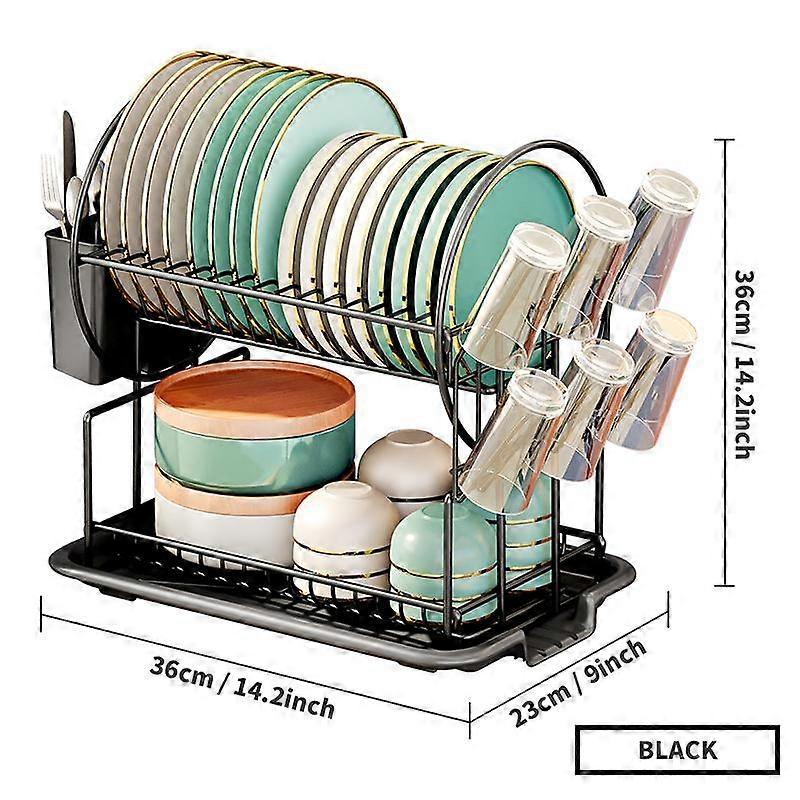2 Tier Dish Drying Rack Drain Board Set Tableware Drainer Kitchen Countertop Storage Rack Cup Holder Knife and Fork Holder