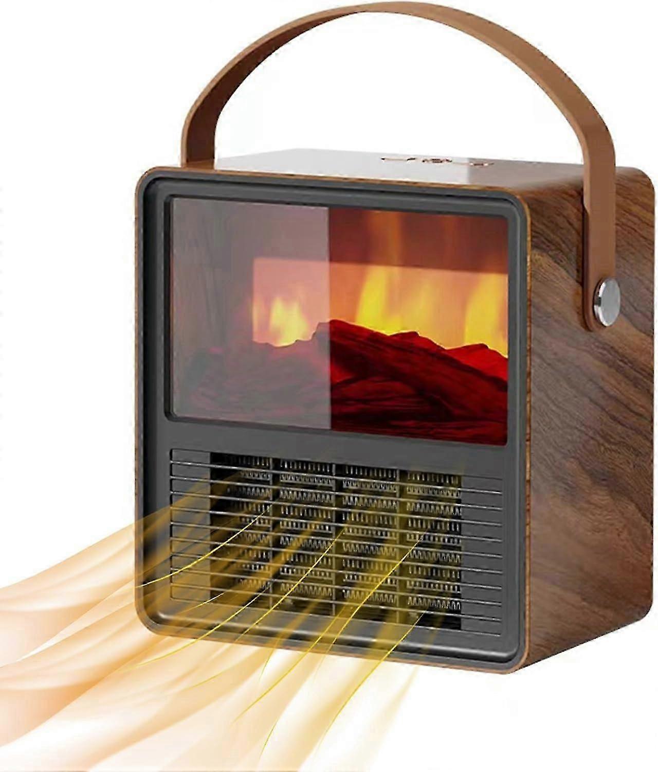 Mini Ceramic Electric Heater, Wood Grain 3D Flame Desktop Heater, Fast Heating with Temperature, Portable Mini Electric Heater Low Energy Consumption