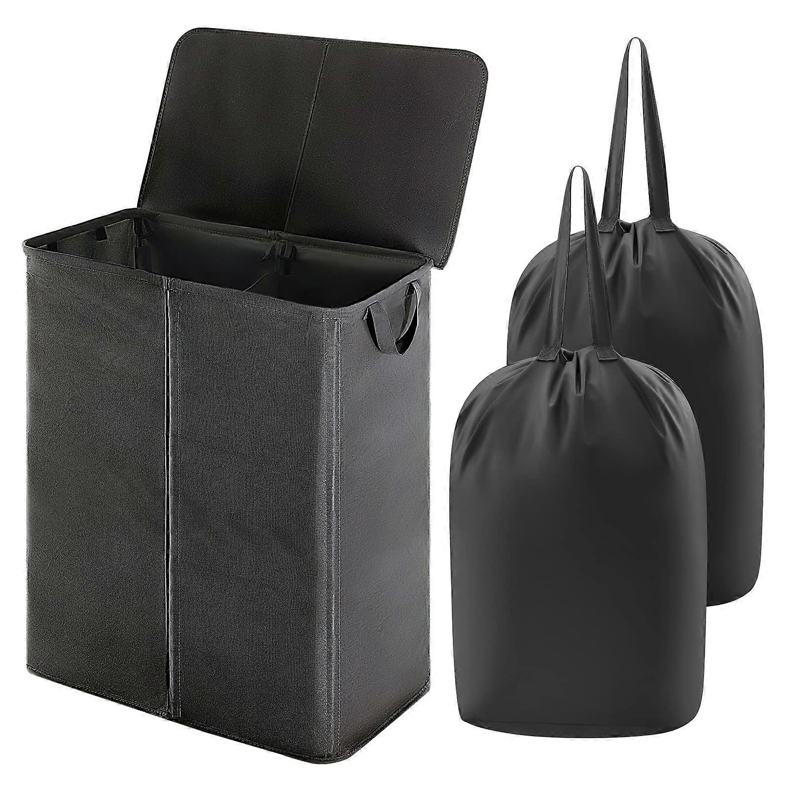 160L Double Laundry Hamper with Lid and Removable Bags, Divided Basket with Handles, Black